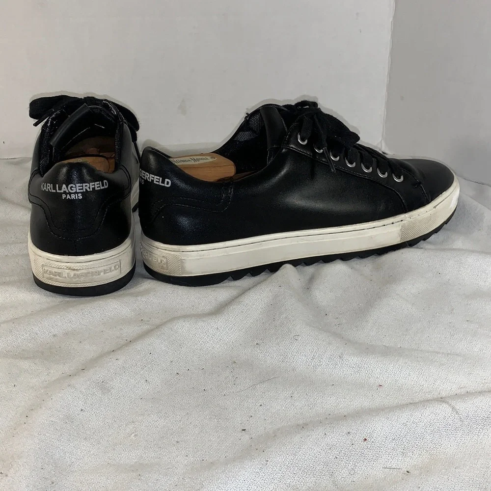 Karl Lagerfeld Mens Black Leather Low-Top Sneakers with White Sole